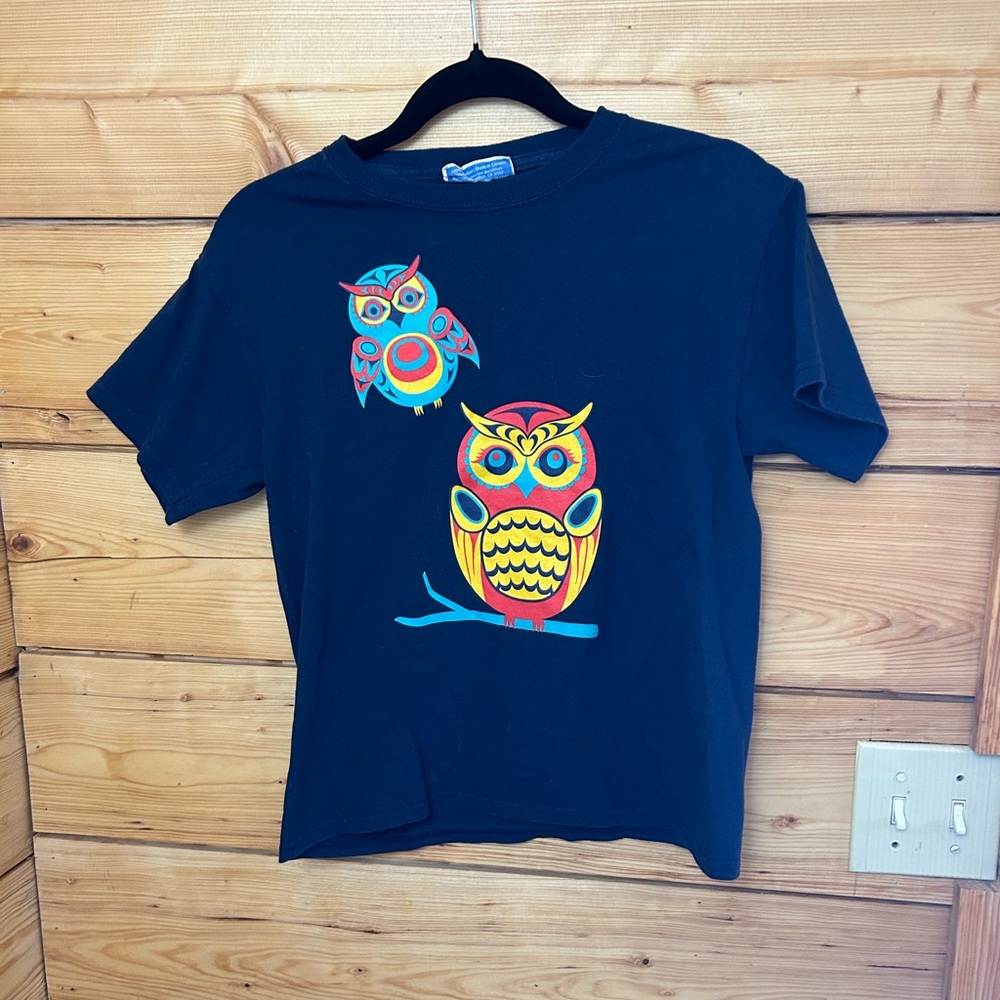 Cotton Grey Owl Graphic Art T-Shirt Kids Size 14 15‎ Native Origins